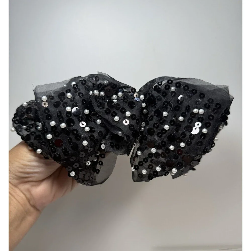 J.Crew Black Mesh Sequin And Faux Pearl Bow Barette New